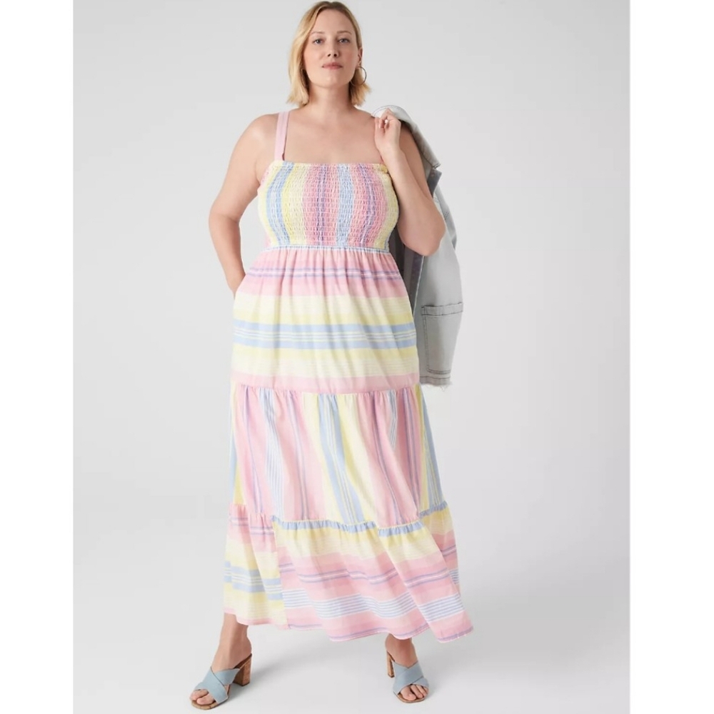 Lane Bryant Pastel Stripe Smocked Midi Dress - Pink, Yellow, Blue